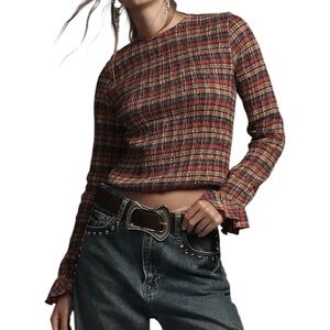 Maeve Anthropologie Long Sleeve Womens L Multicolor Plaid Smocked Blouse